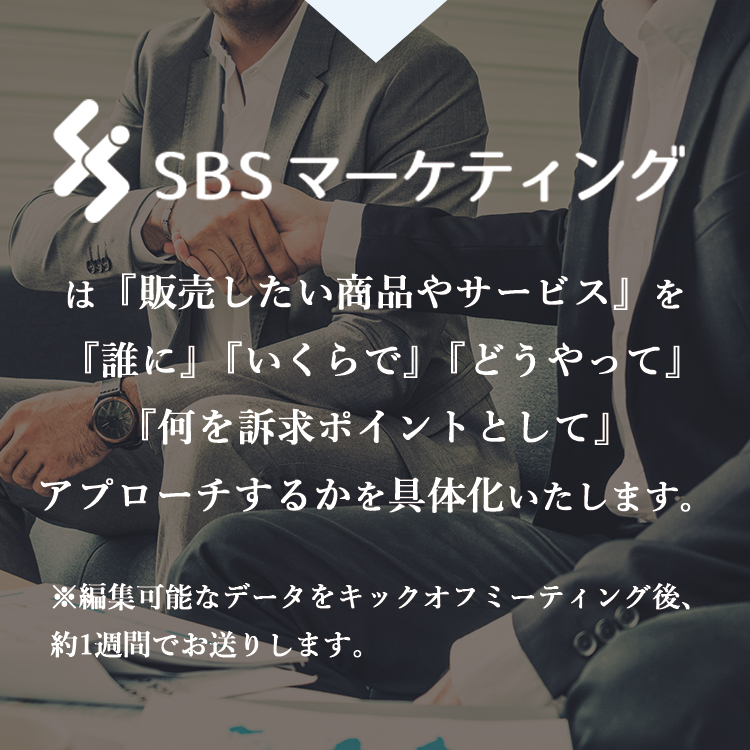 SBSマーケティングは、は『販売したい商品やサービス』を『誰に』『いくらで』『どうやって』『何を訴求ポイントとして』アプローチするかを具体化いたします。